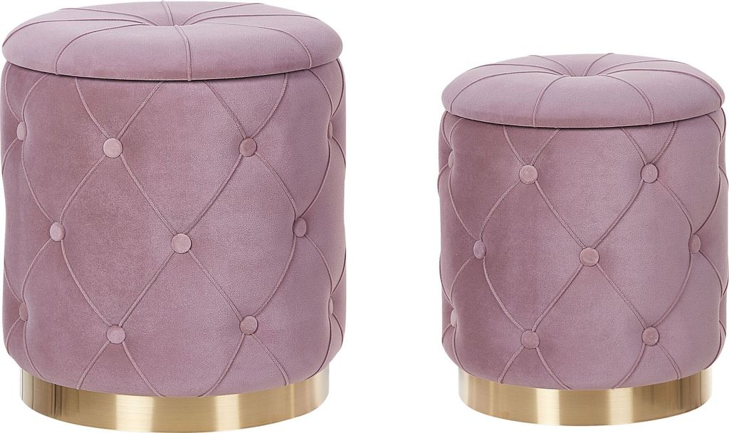 BELIANI Pouf 2er Set Rosa Samtstoff Gesteppt mit Stauraum Goldener Metallring Runde Form Chesterfield Stil Retro Wohnzimmer Schlafzimmer Flur Modern