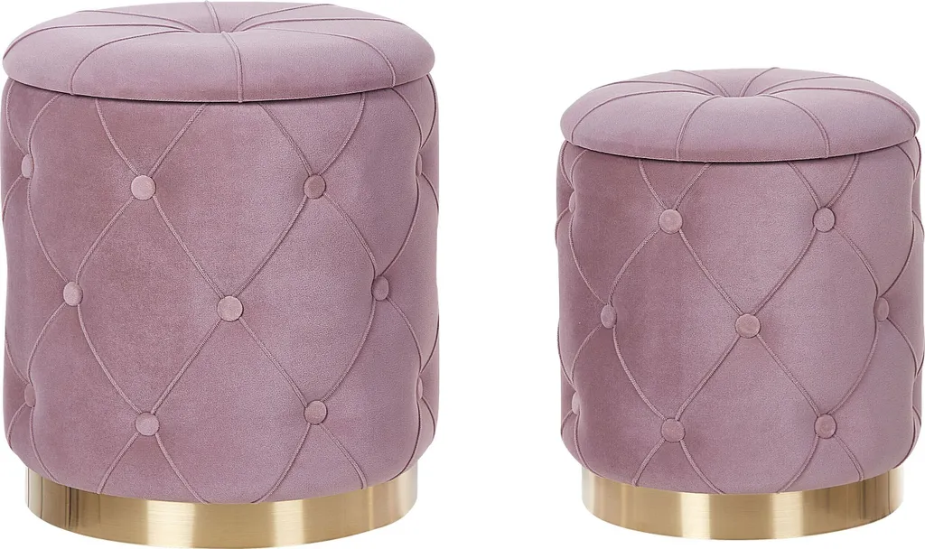Pouf Coffre de Rangement en Velours Rose Design Rétro avec Socle Or