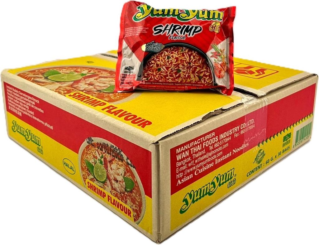 A box of Yum Yum instant noodles with a single packet on top.