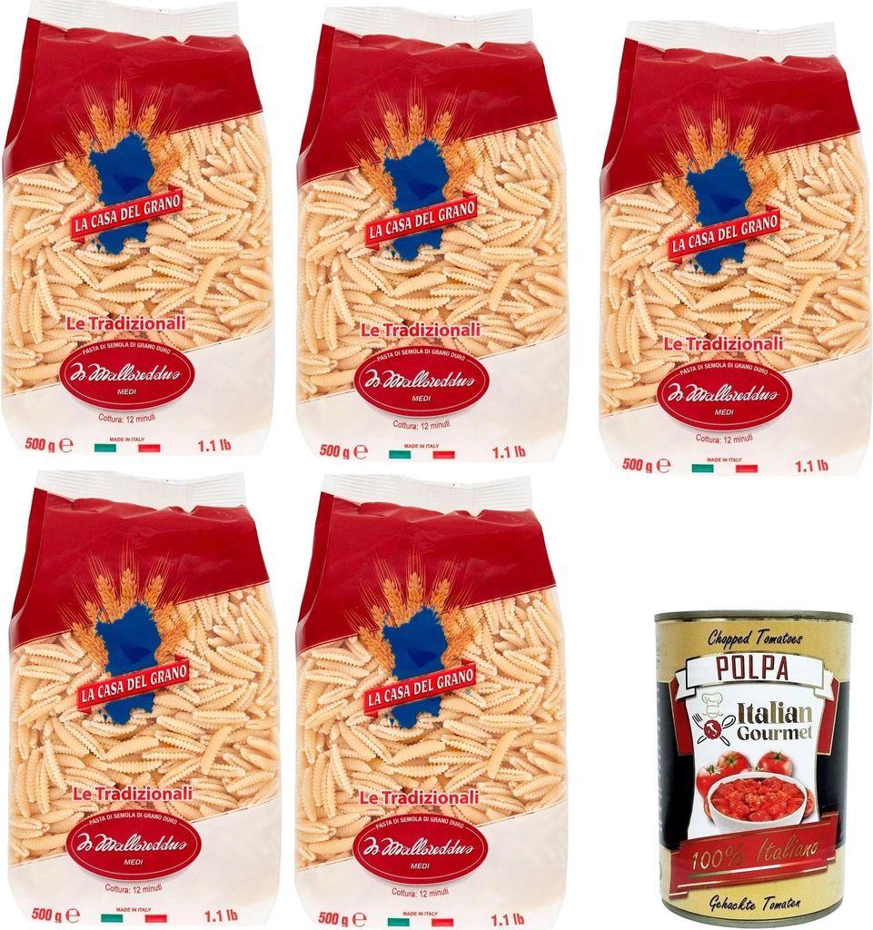 La Casa Del Grano Malloreddus medi Pasta di semola di grano duro medi Nudeln aus Hartweizengrieß 5x500gr + Italian Gourmet polpa 400g