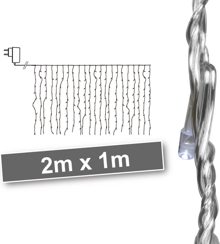 Illustration of string lights with a plug and a size indicator, next to a close-up of the lights.