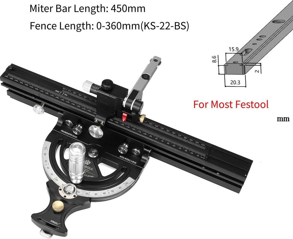 Gehrungsanschlag mit Anschlaglineal für kleine Tischkreissäge - HD-MG21-BS Set - Verstellbar 360–610 mm - 50° Winkel - Aluminiumlegierung - Ro...