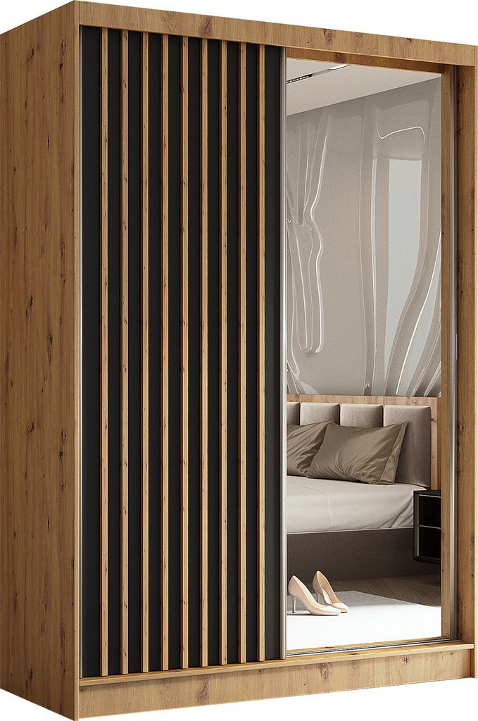 AGMAT Schwebetürenschrank Nevada, Kleiderschrank mit Spiegel und 2 Türen, Moderne Garderobe in Farbe: Artisan, Schrank in Größe: 150 x 216 x 61 cm