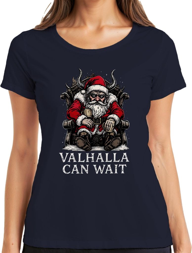 Valhalla Can Wait Wikinger Weihnachtsmann Bart Thron Bier Retro Damen T-Shirt, Navy, XL