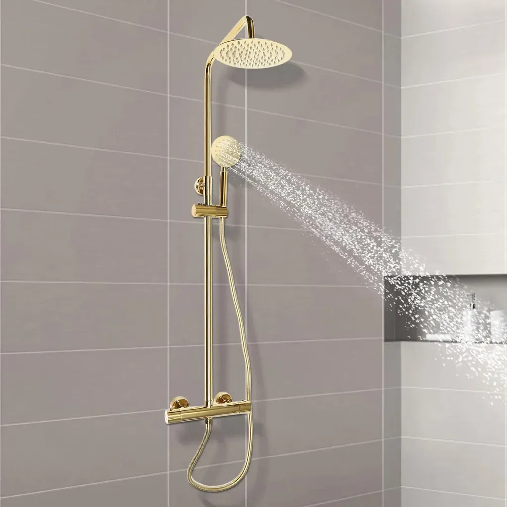 Colonne de douche dorée thermostatique avec grand ciel de pluie et douchette - 5