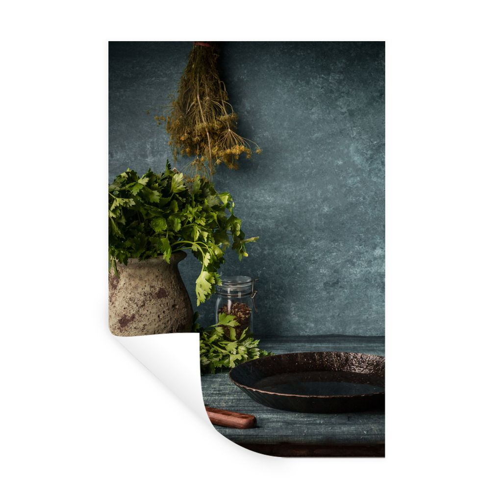 MuchoWow Wandtattoo Wandsticker Wandaufkleber Kräuter - Gewürze - Pfanne - Messer - Grau - Rustikal 60x90 cm Selbstklebend und Repositionierbar...