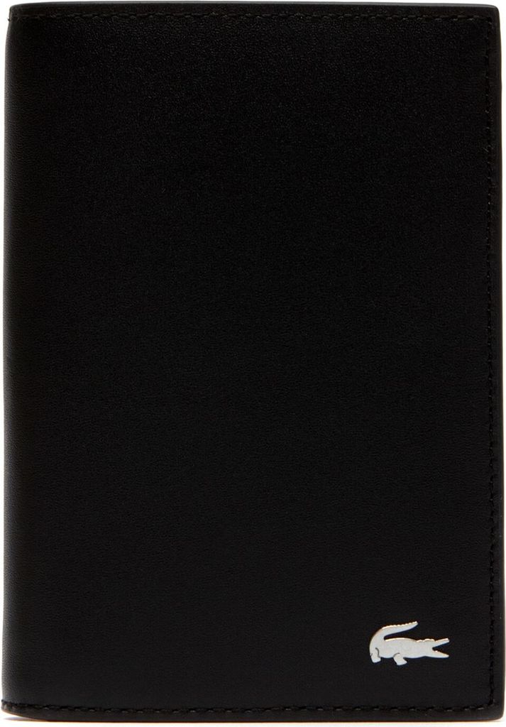 A black wallet with a silver Lacoste logo on the bottom right corner.