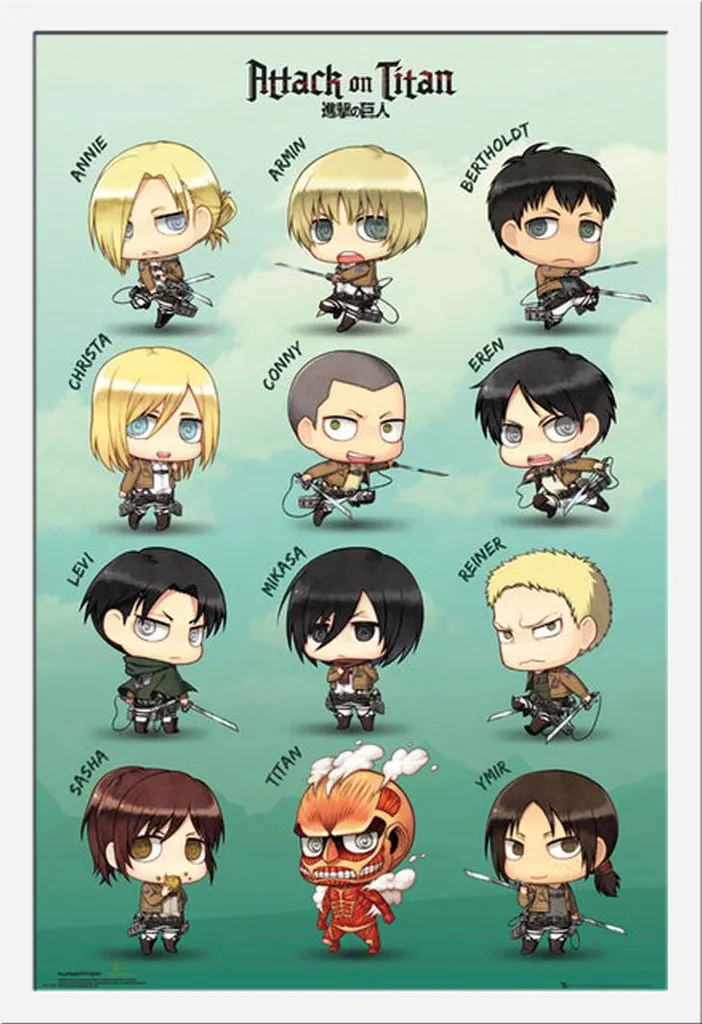 Attack on Titan - Poster - Personaggi Chibi + cornice rimovibile, Shinsuke® Maxi MDF bianco, vetro acrilico