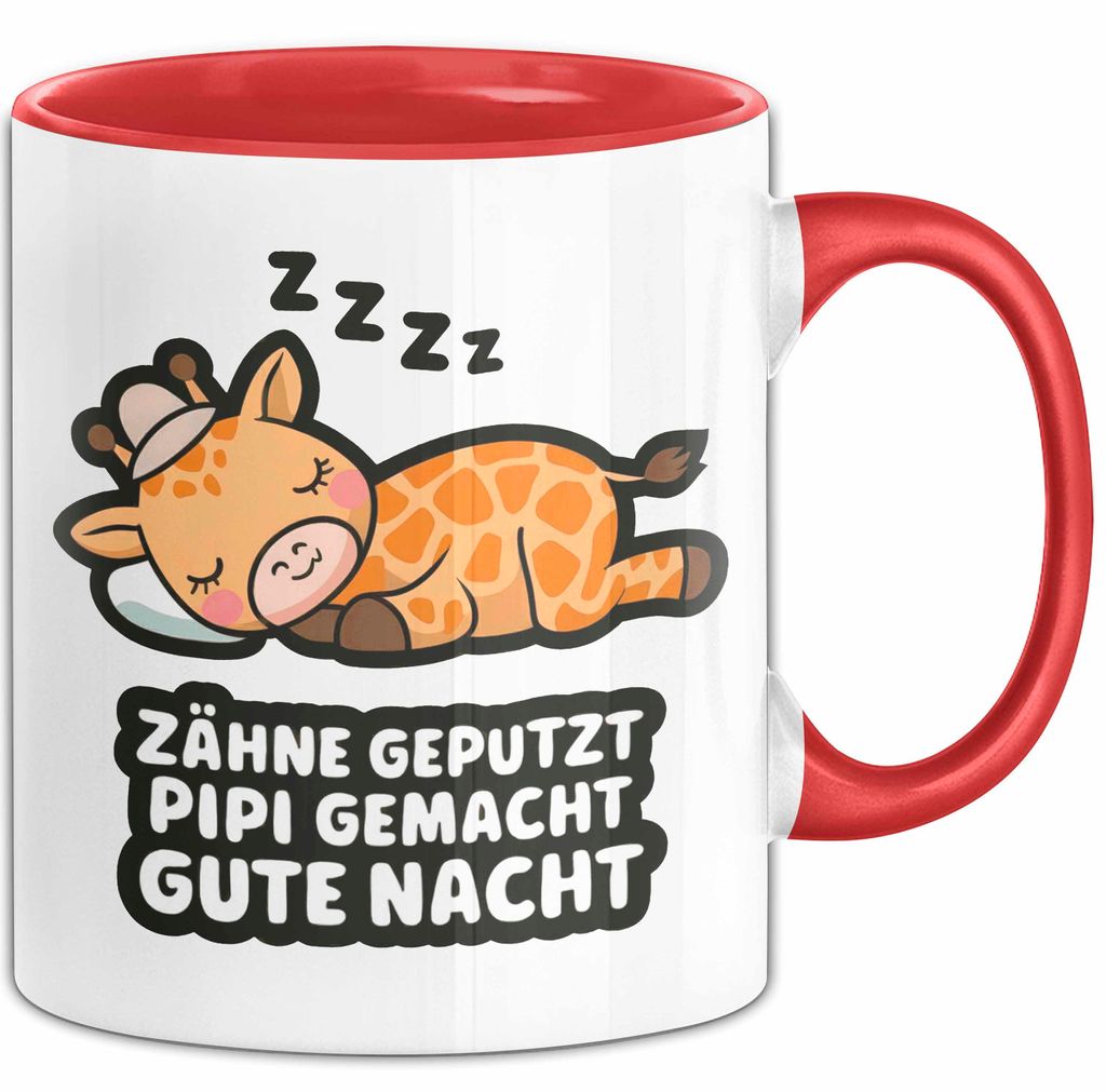 Schlafende Giraffe Tasse Geschenk Lustige Geschenkidee Spruch Zähne Geputzt Pipi Gemacht Gute Nacht (Rot)