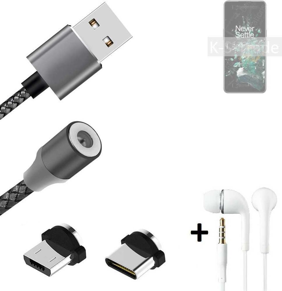 K-S-Trade Hochwertiges Magnet-Lade-kabel Sync-Kabel Daten-Kabel + Kopfhörer kompatibel mit OnePlus Ace Pro mit USB-Typ-C-Anschluss und