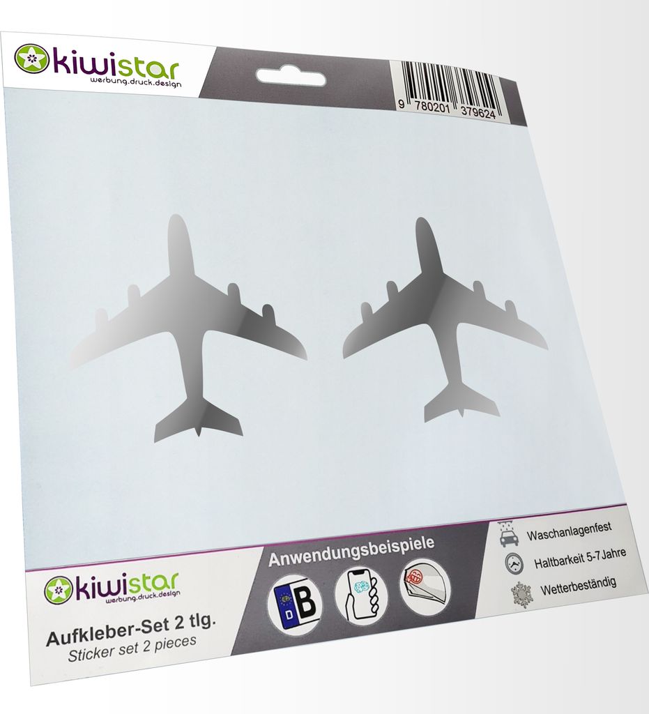 Kiwistar - 2x Kennzeichenaufkleber - chrom - 21 mm Flugzeug - Airplane Aufkleber für Auto, Laptop, Fahrrad, LKW, Motorrad Mehrfarbig JDM Decal Racing