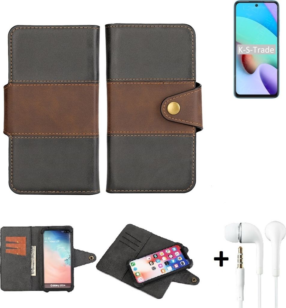 K-S-Trade Handyhülle Schutzhülle Bookstyle Wallet-Case kompatibel mit Xiaomi Redmi Note 11 4G + earphones Bumper rundumschutz schwarz-braun 1x