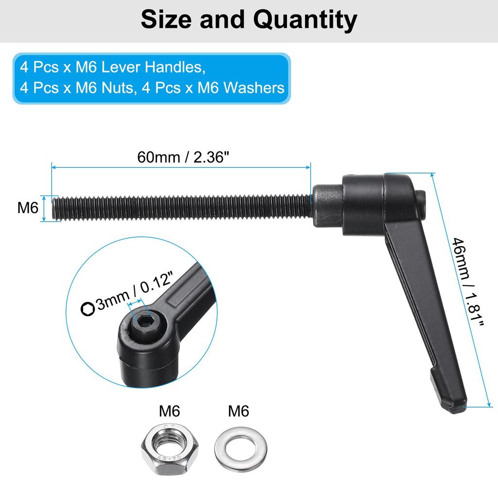 4 Stš¹ck Klemmhebel Griff M6 x 60mm mit Muttern Unterlegscheiben, Au?engewinde Klemmschraube Kn?pfe Kohlenstoffstahl Verstellbarer Klemmhebelgrif...