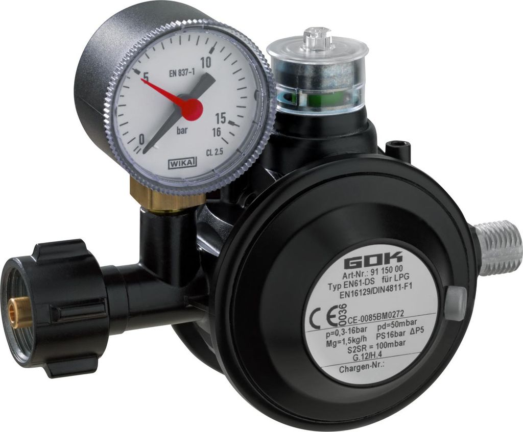 GOK Niederdruckregler EN61-DS - 50mbar - 1,5kg/h - Manometer, Überdruckventil
