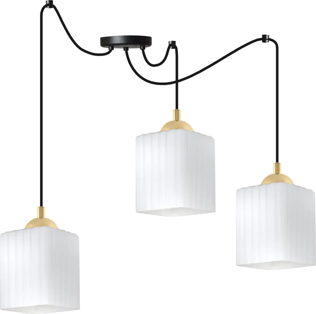 Lampada Sospensione Riffle Spinne 3 Luci E27 Nero Oro Paralumi Cubici