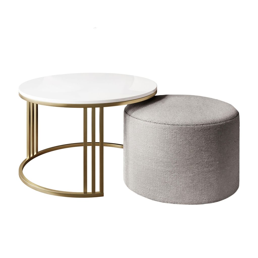 Couchtisch mit Hocker LORI Hochglanz Gold gebürstet/weißer Glanz, Perfect Harmony 82