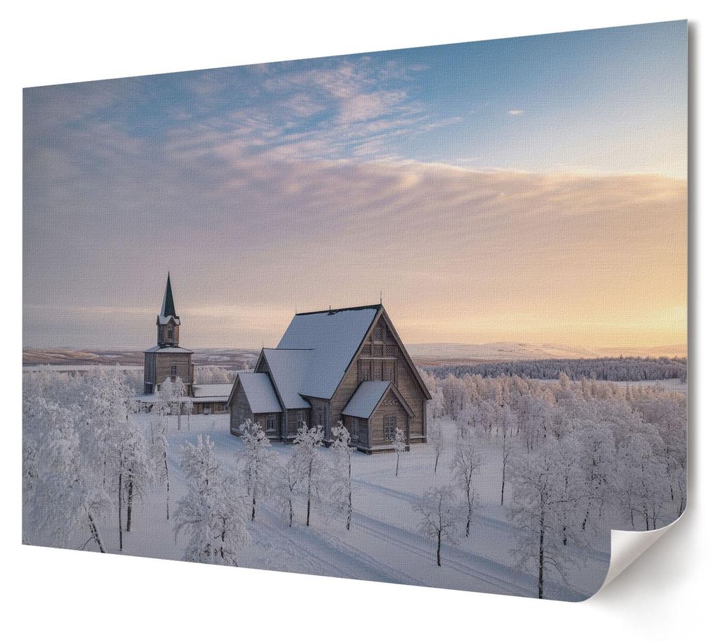 Winterkirche - Kunstdruck A4 - Fotografie- Wandbild für Wohnzimmer Schlafzimmer & Flur, Modernes Poster Wanddeko, Ungerahmt