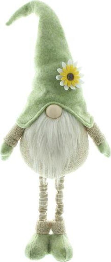 A decorative gnome with a green hat adorned with a sunflower.