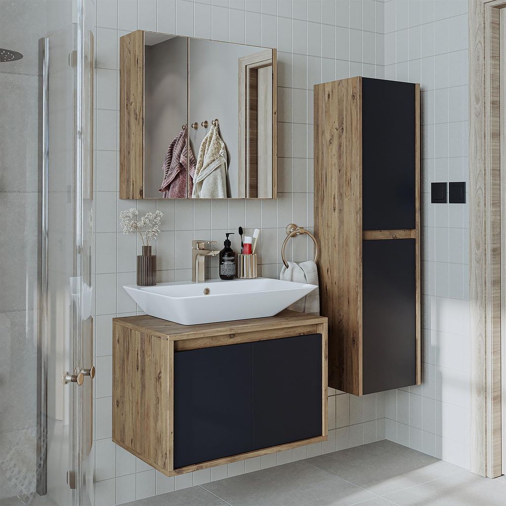 Roomart ATLANTIC-65 Badmöbel-Set 4-teilig 65 cm breit, Anthrazit-Eiche