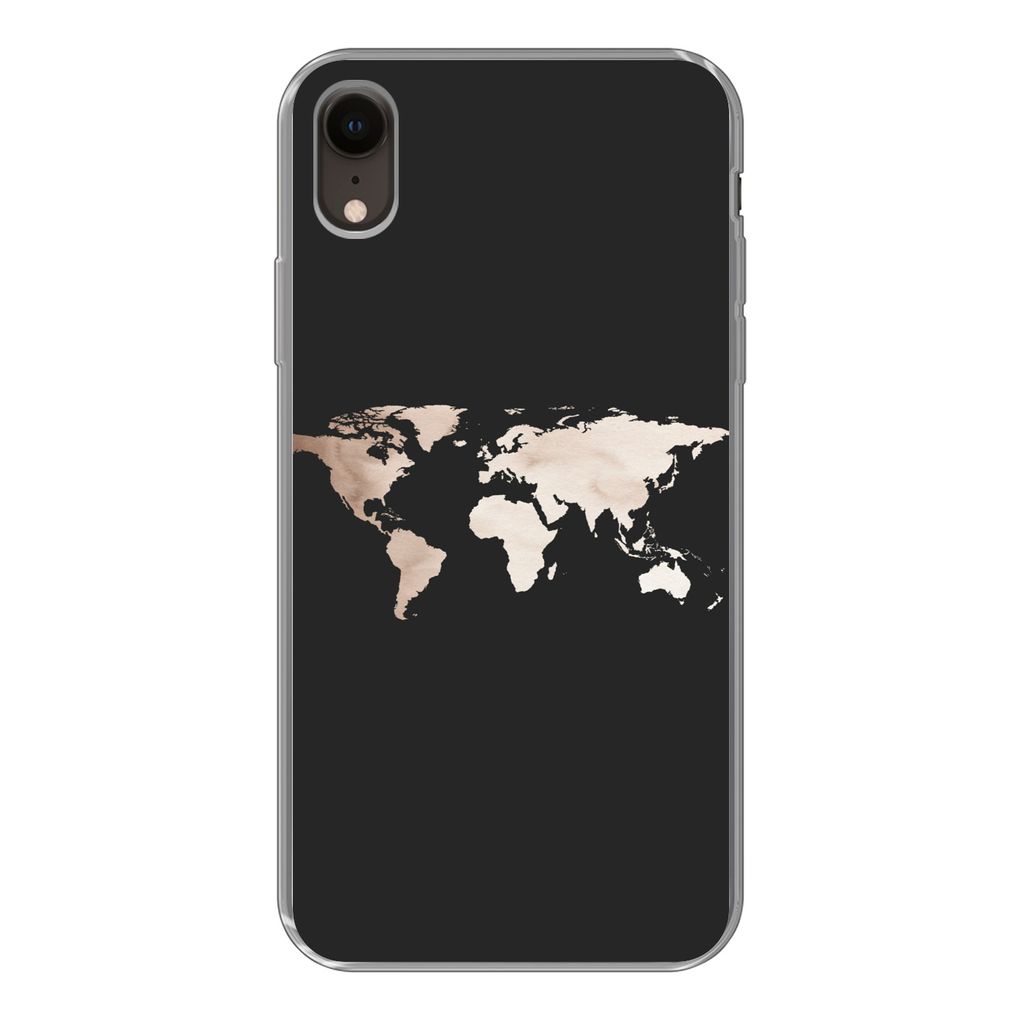 MuchoWow Handyhülle Schutzhülle Hülle für iPhone XR Weltkarte - Leder - Schwarz Silikon Softcase Handy Hülle - Schutzdeckel