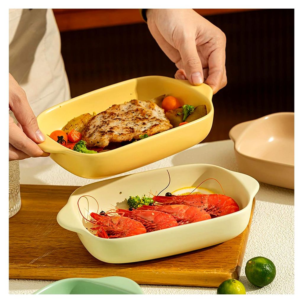 Keramik Auflaufform, 2-teiliges Set, kleine Lasagneformen mit Griffen, einfarbige Auflaufformen für Lasagne, Braten und Backen (Milchgelb)