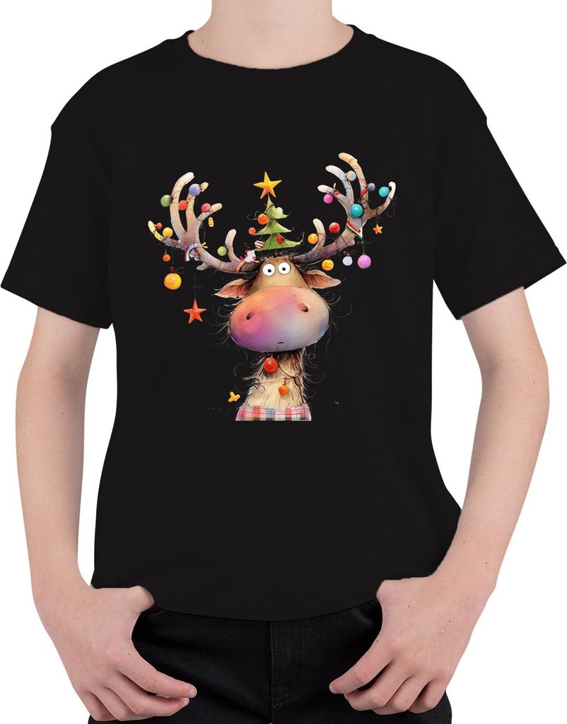 Weihnachts Rentier Geweih Christbaum Kugeln Stern niedlich lustig Uni Kinder T-Shirt, Schwarz, 116