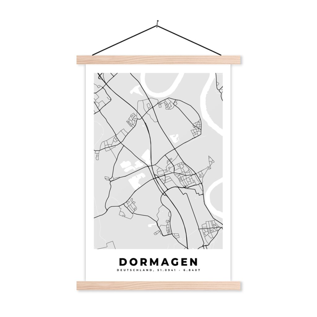 MuchoWow Textilposter Karte - Deutschland - Dormagen - Stadtplan 120x180 cm mit holzfarbenen Rahmen - Textil-Plakat