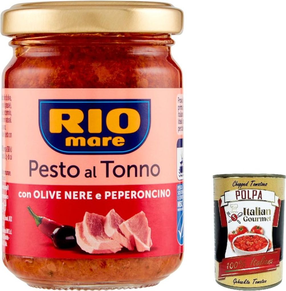 12x Rio Mare Pesto al Tonno con Olive Nere e Peperoncino, Thunfischpesto kochsauce mit schwarzen Oliven und Chili 130g + Italian Gourmet polpa 400g