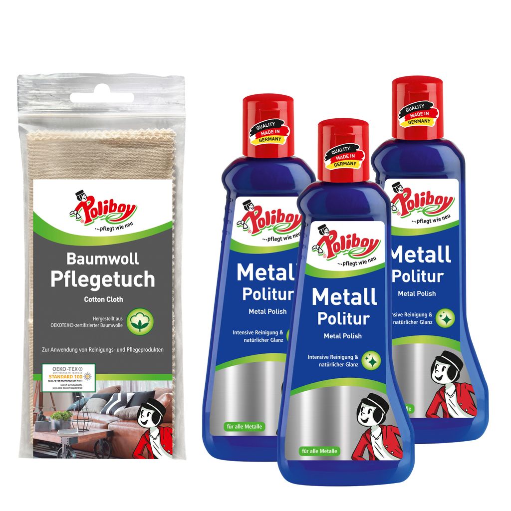 Poliboy Metall Politur - 3x200ml - Poliermittel für glänzende Metalle - Metallpflegemittel mit Anlaufschutz - Mit Baumwolltuch - 99A4701