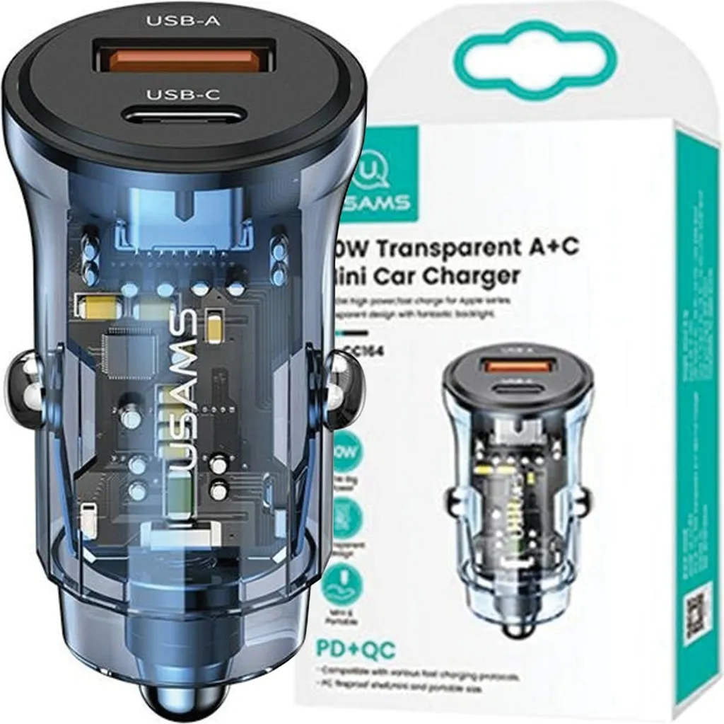 Usams C32 Caricatore Auto 30W Blu Trasparente - Must-Have Tech 2024