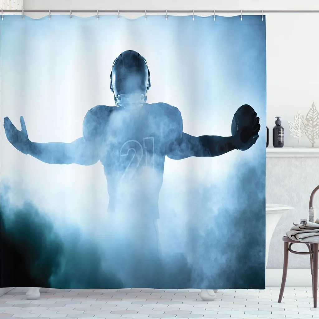 ABAKUHAUS Tenda da doccia sportiva, Eroico giocatore di rugby Ombre Campo da gioco Sport professionistico Foto Motivo, 175 x 200 cm, Blu
