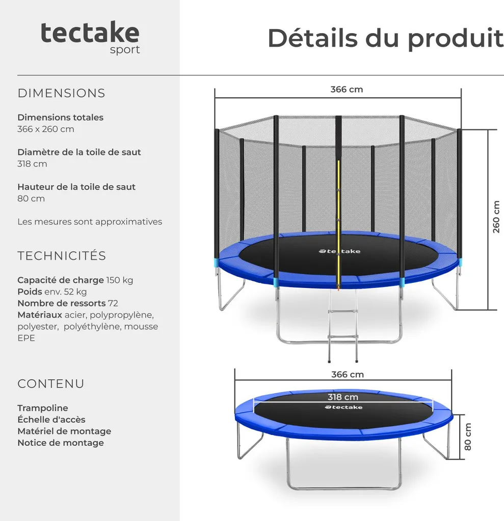 Trampoline 366 cm Modèle B grand format avec saut dynamique et sécurisé