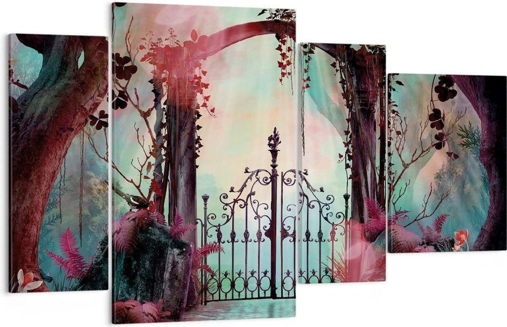 Bild auf Leinwand - Leinwandbild - 4 Teile - Fantasie Tor Garten - 120x70cm - Wand Bild - Wanddeko - Wandbilder - Leinwanddruck - Bilder - Wanddeko...