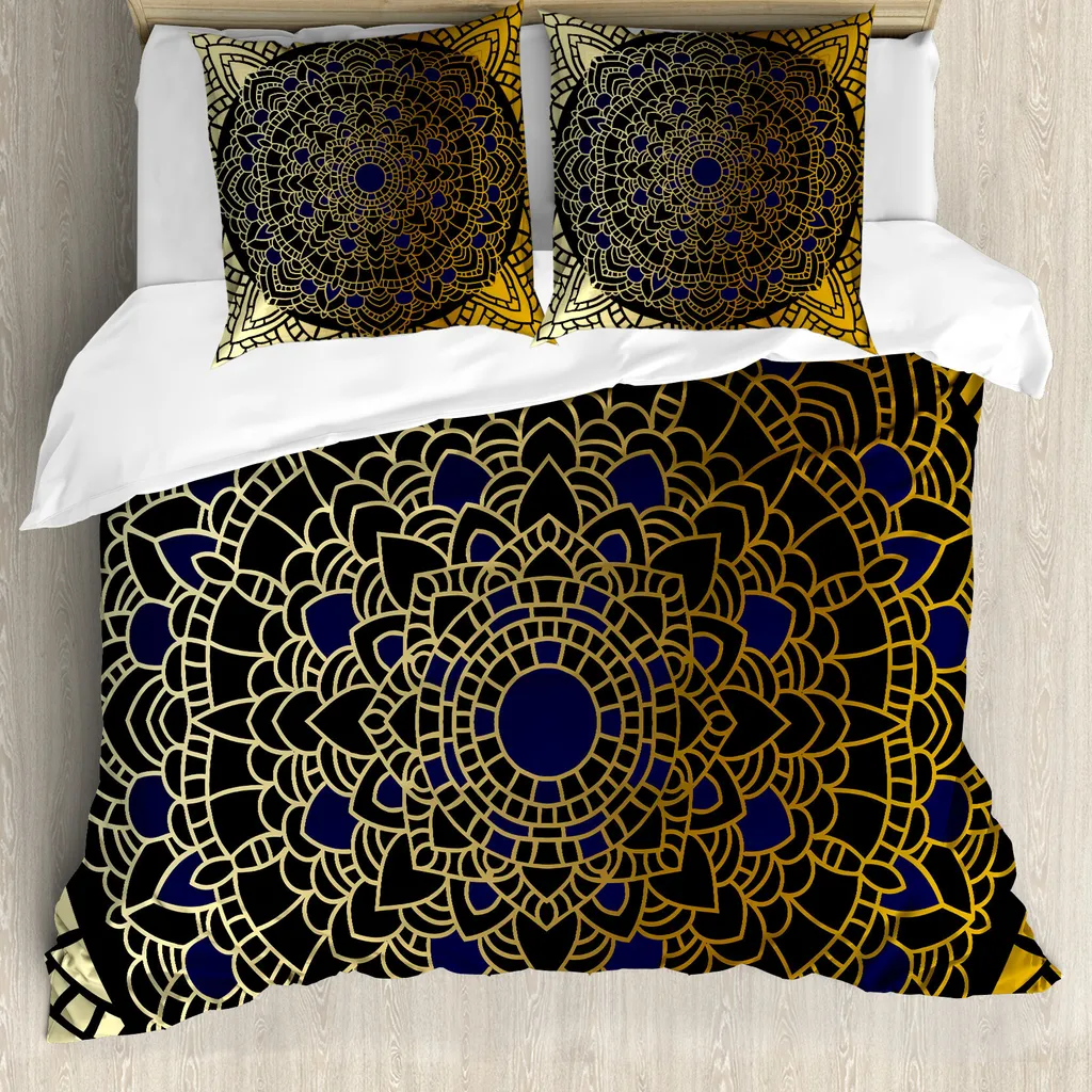Copripiumino Ipoallergenico ABAKUHAUS Mandala 200x200 Navy Giallo