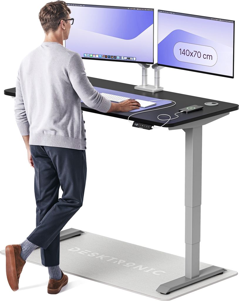 Desktronic HomePro Elektrisch höhenverstellbarer Schreibtisch 140x70cm Grau/Schwarz mit Memory-Funktion, Anti-Kollisions Technologie, USB-A und US...