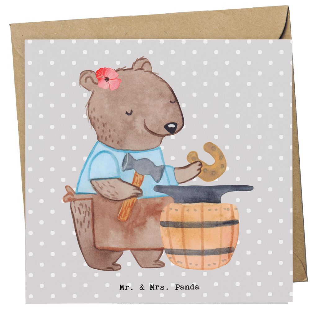 Mr. & Mrs. Panda Grußkarte Schmiedin Herz - Grau Pastell - Geschenk, Klappkarte, Glückwunschkarte, doppelkarte, anlasskarte, faltkarte