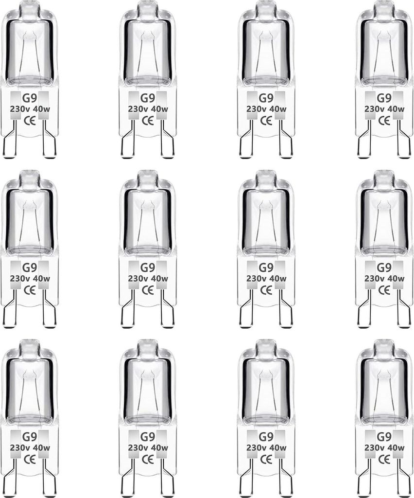 Packung mit 12 G9 Halogenlampen 40 W 230 V dimmbar, warmweiß, flimmerfrei, für Backöfen, Pendelleuchten, Gartenbeleuchtung und Schrankbeleuchtung.