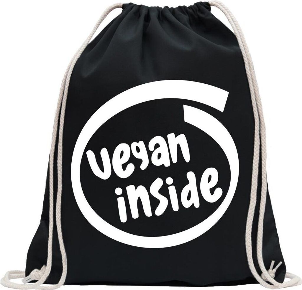 Kiwistar - Turnbeutel - schwarz - vegan inside - Fun Rucksack Sport Beutel Gymsack Baumwolle mit Ziehgurt