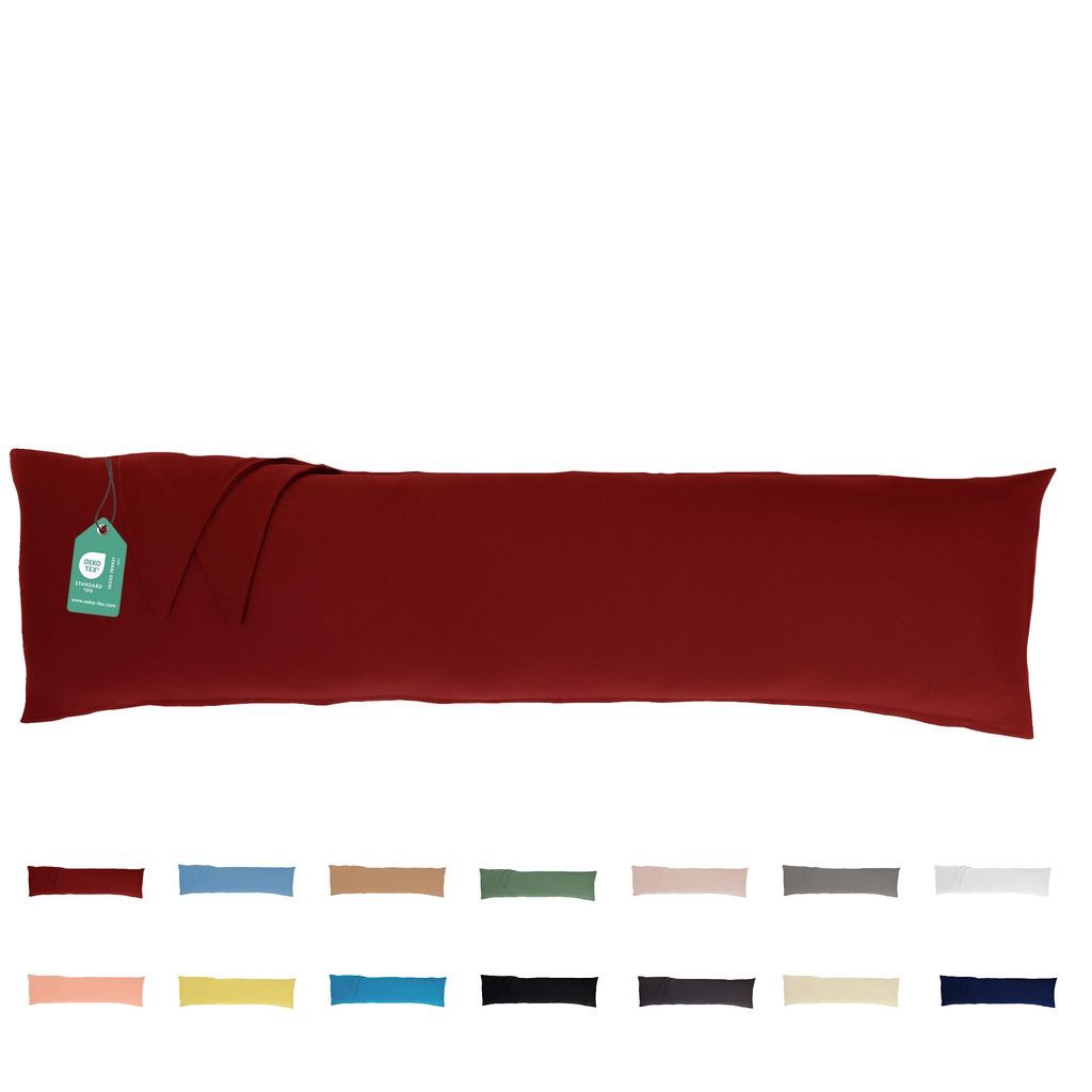 A long red body pillow is shown horizontally against a white background. Below the pillow, there are swatches of various other colors of the same pillow.