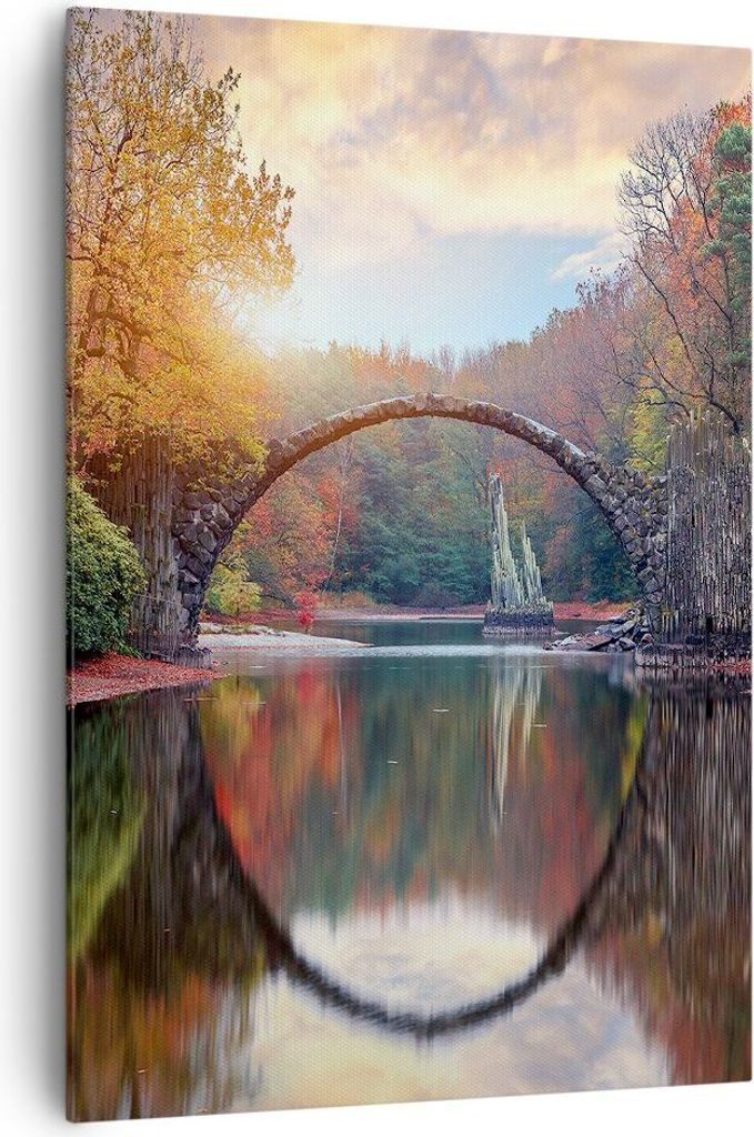 Bild auf Leinwand - Leinwandbild - Einteilig - Garten Rhododendren Brücke - 70x100cm - Wand Bild - Wanddeko - Wandbilder - Leinwanddruck - Wanddek...