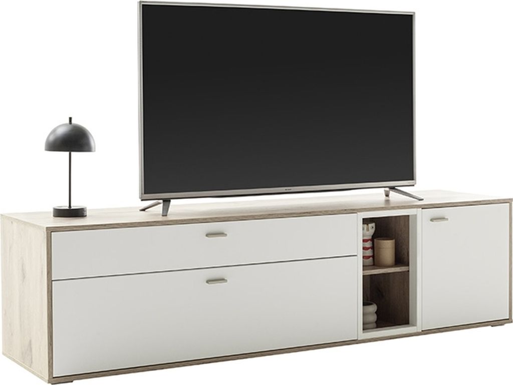 Lowboard >SANTERNO< 2 Schübe, 1 Tür, Soft withe / Viking Eiche Nachbildung - 199x53x50 (BxHxT)