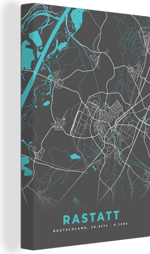 OneMillionCanvasses - Leinwandbilder - 90x140 cm, Blau - Deutschland - Karte - Stadtplan - Rastatt, Wandbilder Kunstdruck Wanddekoration - Foto a...