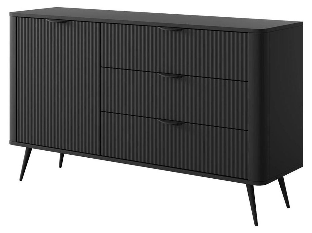 Kommode Sideboard FLORE 138 cm Schwarz Geriffelt 1D3S
