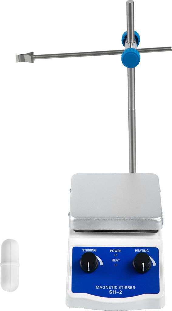 A laboratory magnetic stirrer with a heating plate and a stir bar.