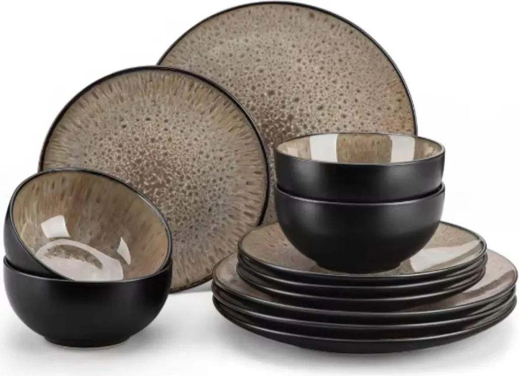 Servizio Piatti Zafiro Ceramica Marrone 12pz - Set Completo Cucina Moderno