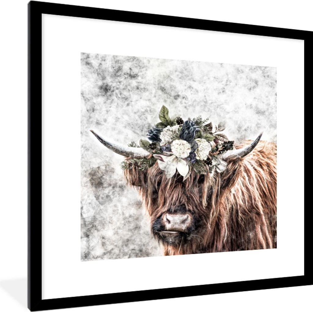 MuchoWow MuchoWow Gerahmtes Poster Schottisches Hochlandrind - Schottische Kuh - Blumen 40x40 cm - Poster mit zchwarzem Bilderrahmen - Poster -...