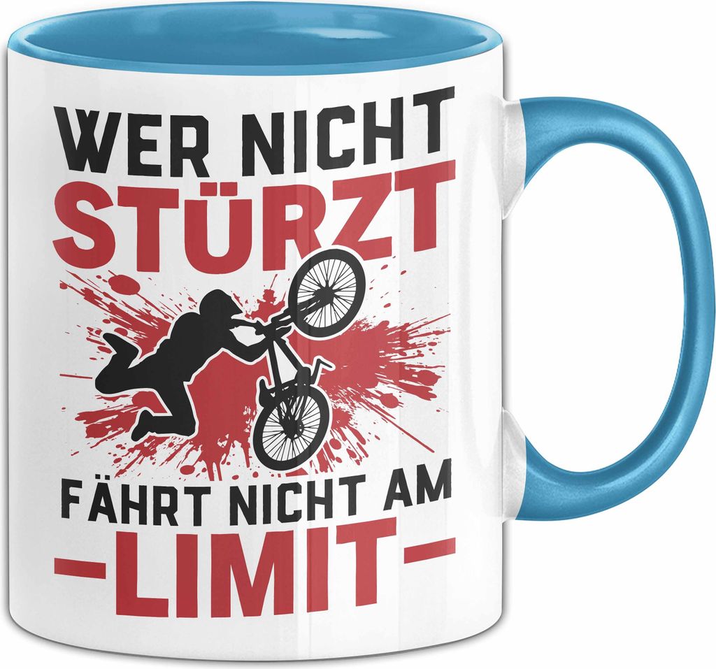 Downhill Jungen Tasse Mtb Wer Nicht Stürzt Fährt Nicht Am Limit Mountainbiker Kaffee-Becher (Blau)