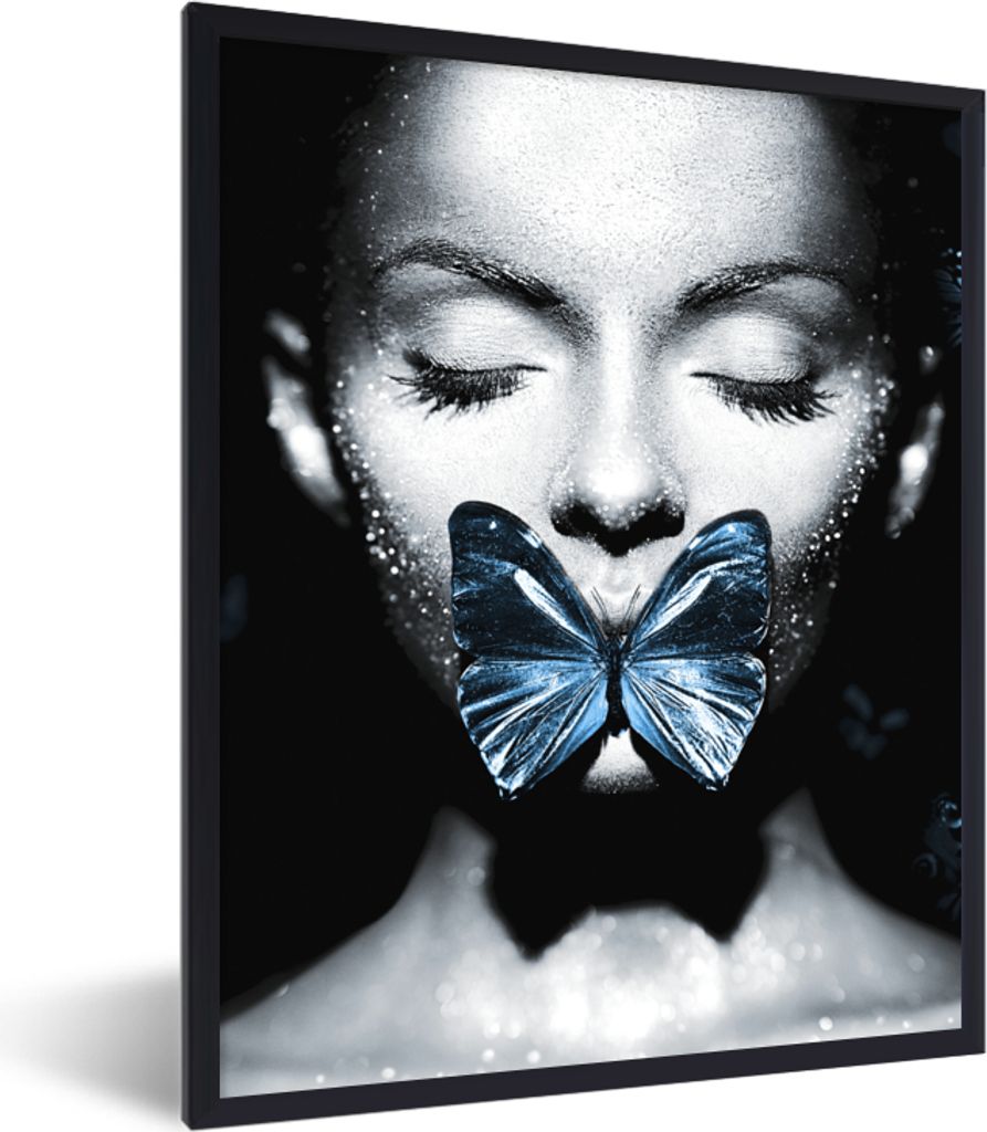 MuchoWow® Gerahmtes Poster Frau - Schmetterling - Blau Produktbild 