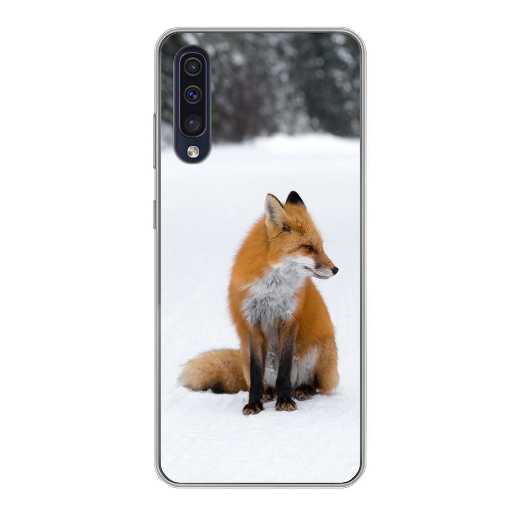 MuchoWow Handyhülle Schutzhülle Hülle für Samsung Galaxy A30s Fuchs - Schnee - Winter Silikon Softcase Handy Hülle - Karteninhaber