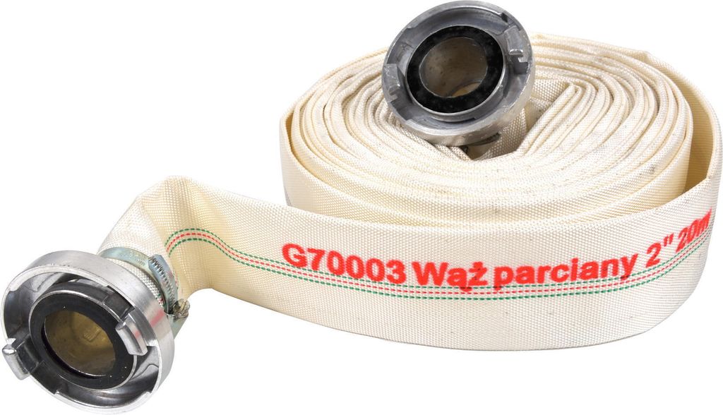 A rolled-up white fire hose with silver metal connectors on both ends, set against a white background.